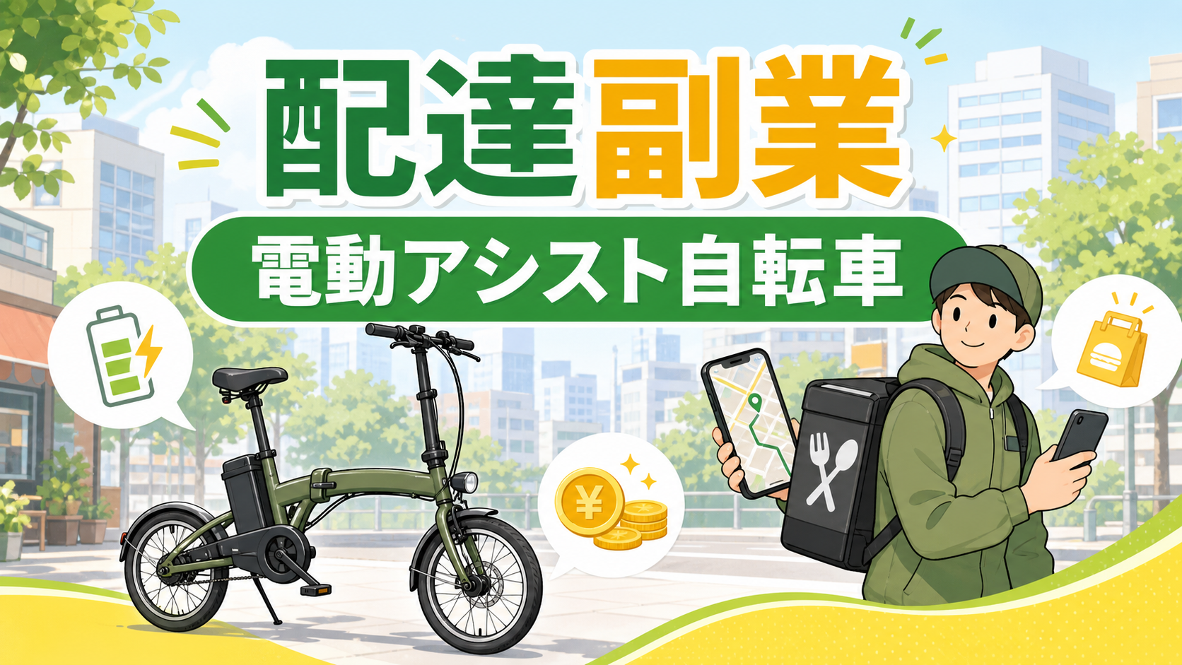 配達副業と電動アシスト自転車を説明するイラスト