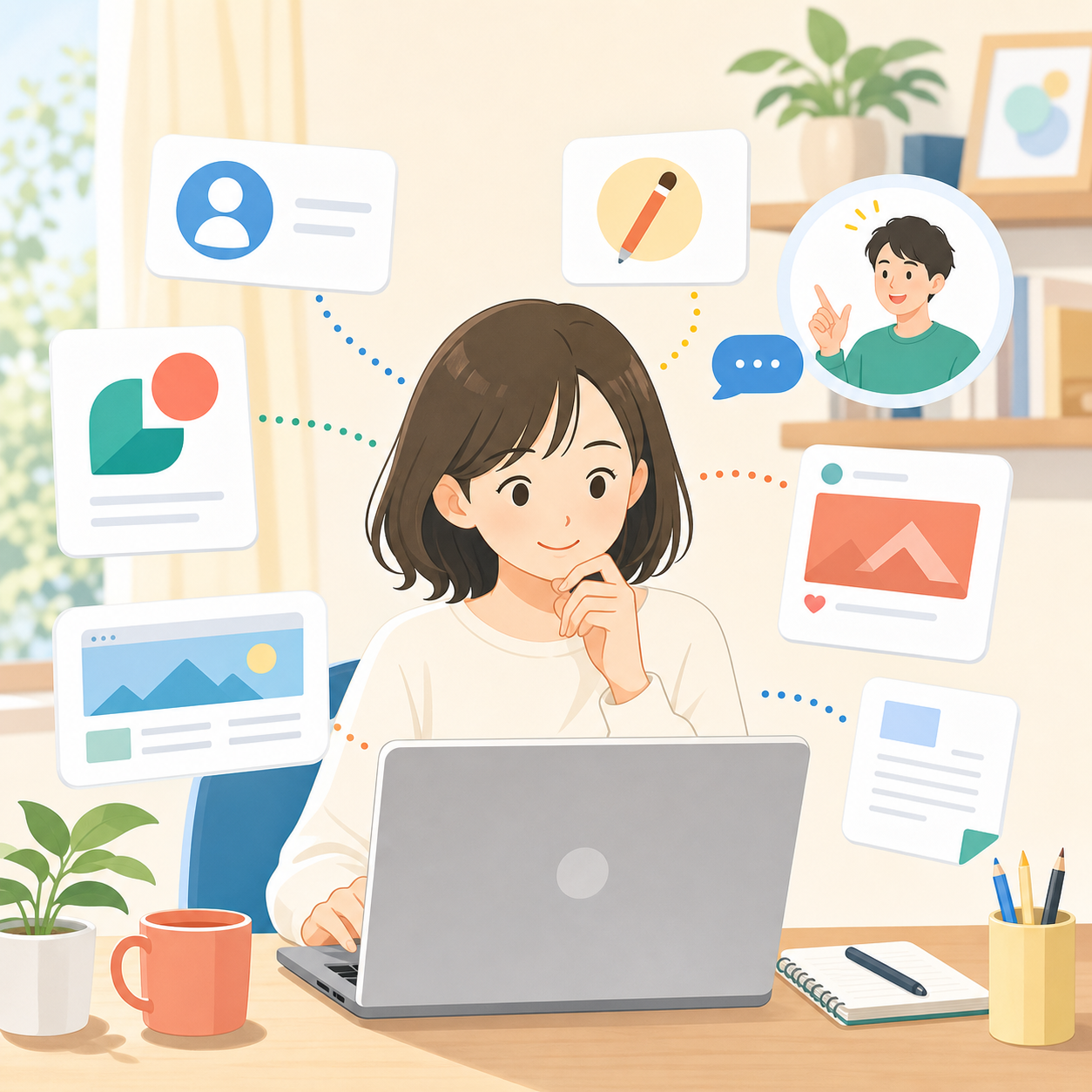 副業初心者がパソコンで外注先を探しているイラスト