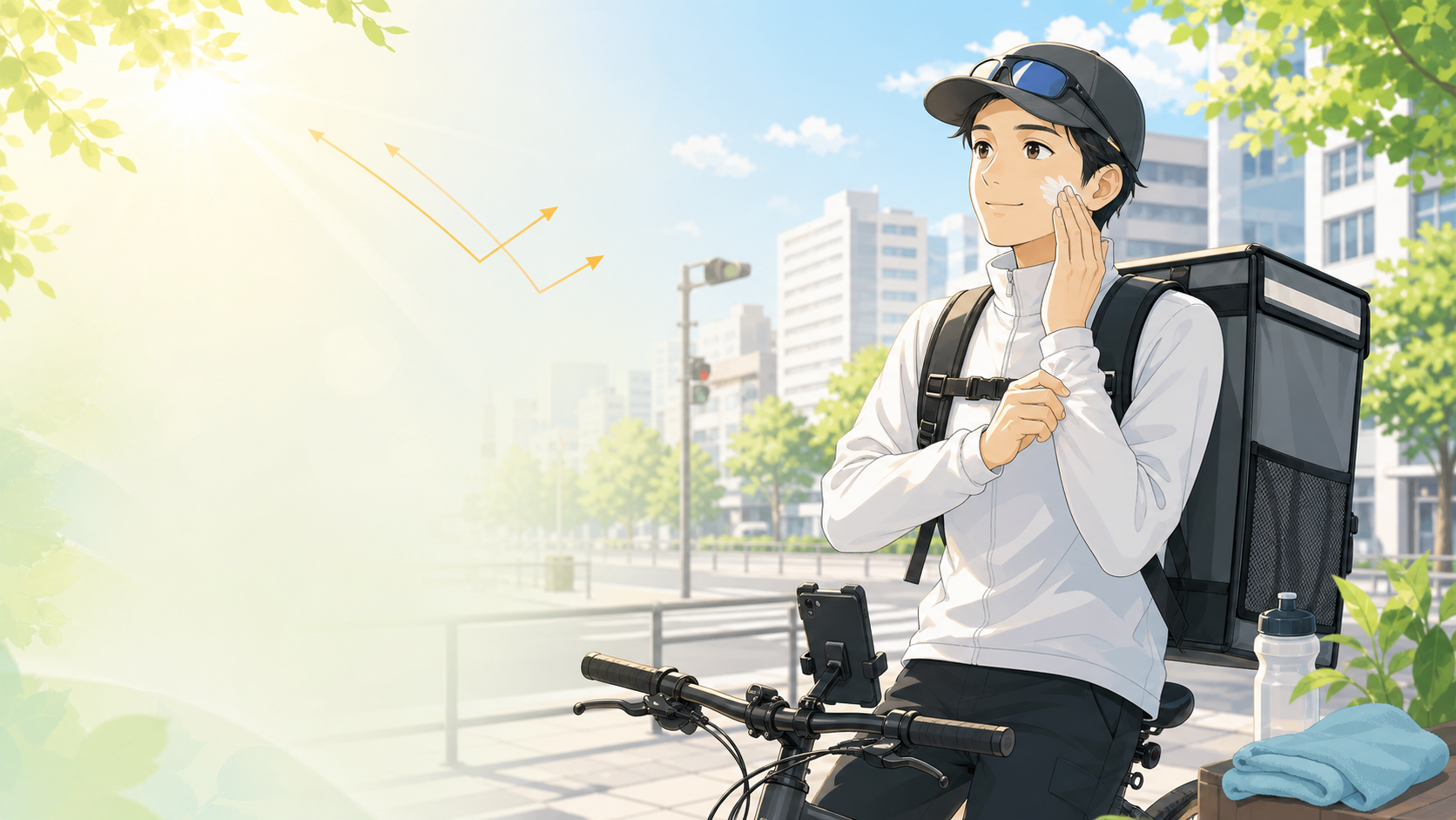 フードデリバリー配達員が夏の配達前に準備をしているイラスト