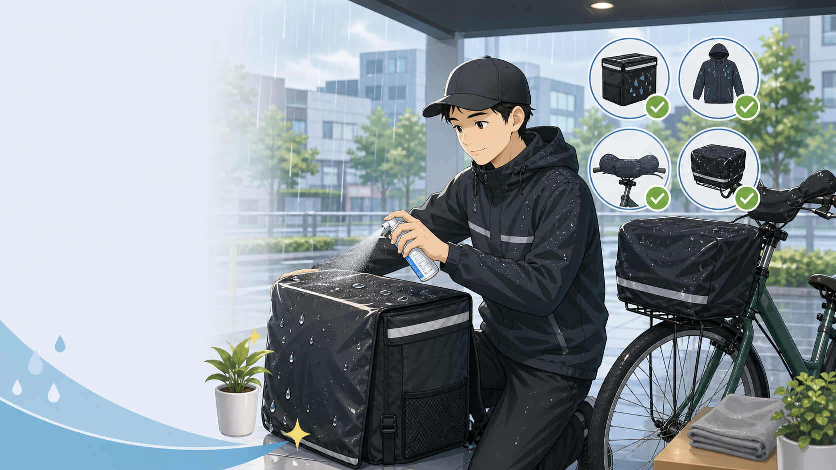 雨の日配達前にバッグやレインウェアへ防水スプレーを使う配達員のイラスト