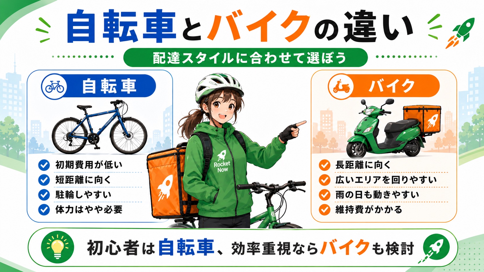 ロケットナウ配達で自転車とバイクを比較する図解