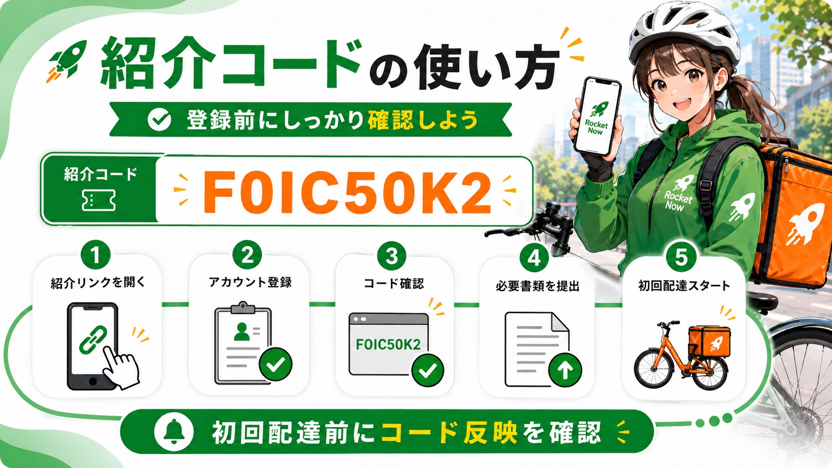 ロケットナウ紹介コードの使い方と初回配達までの流れ